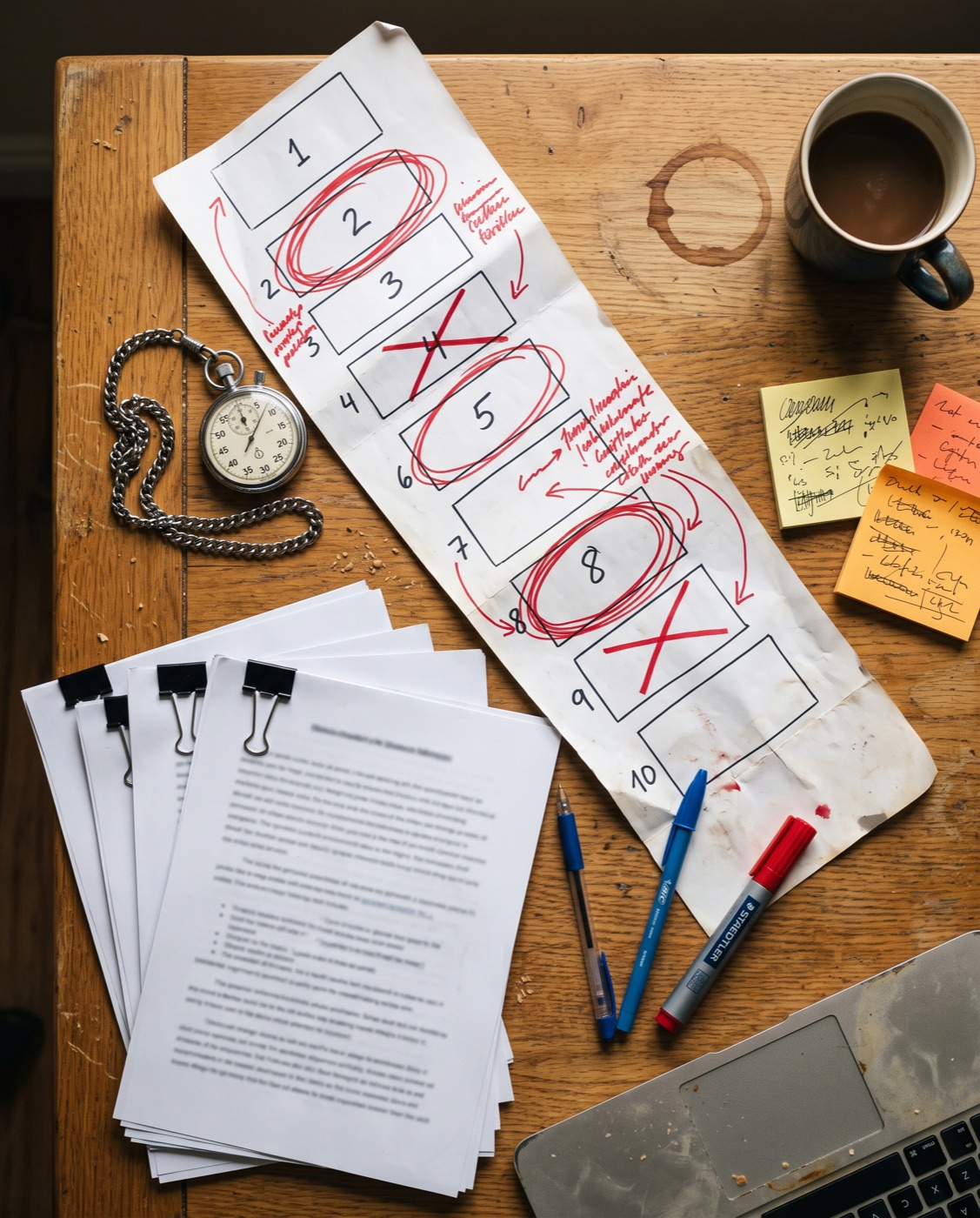 Le plan de vol d'un webinaire imprimé en dix cases numérotées, annoté au marqueur rouge : deux phases barrées, trois entourées, à côté d'un chronomètre et de quatre documents pinces.